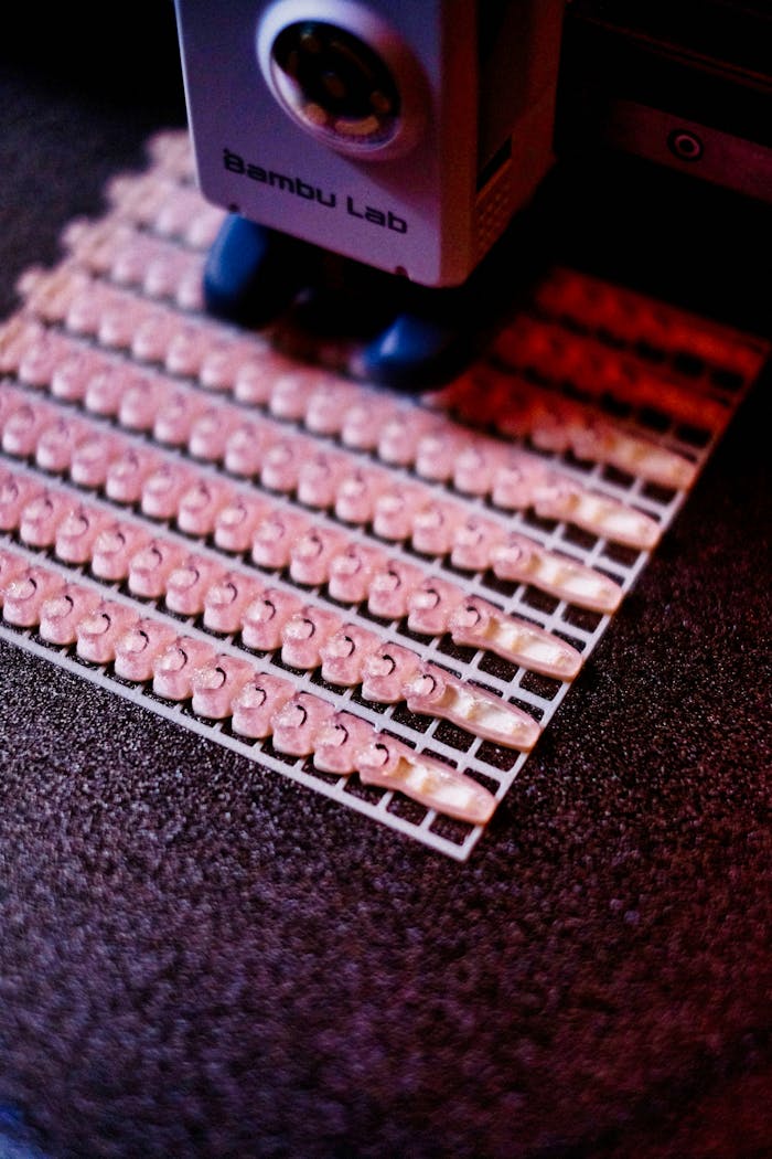 3D printer meticulously crafting intricate plastic parts with precision.