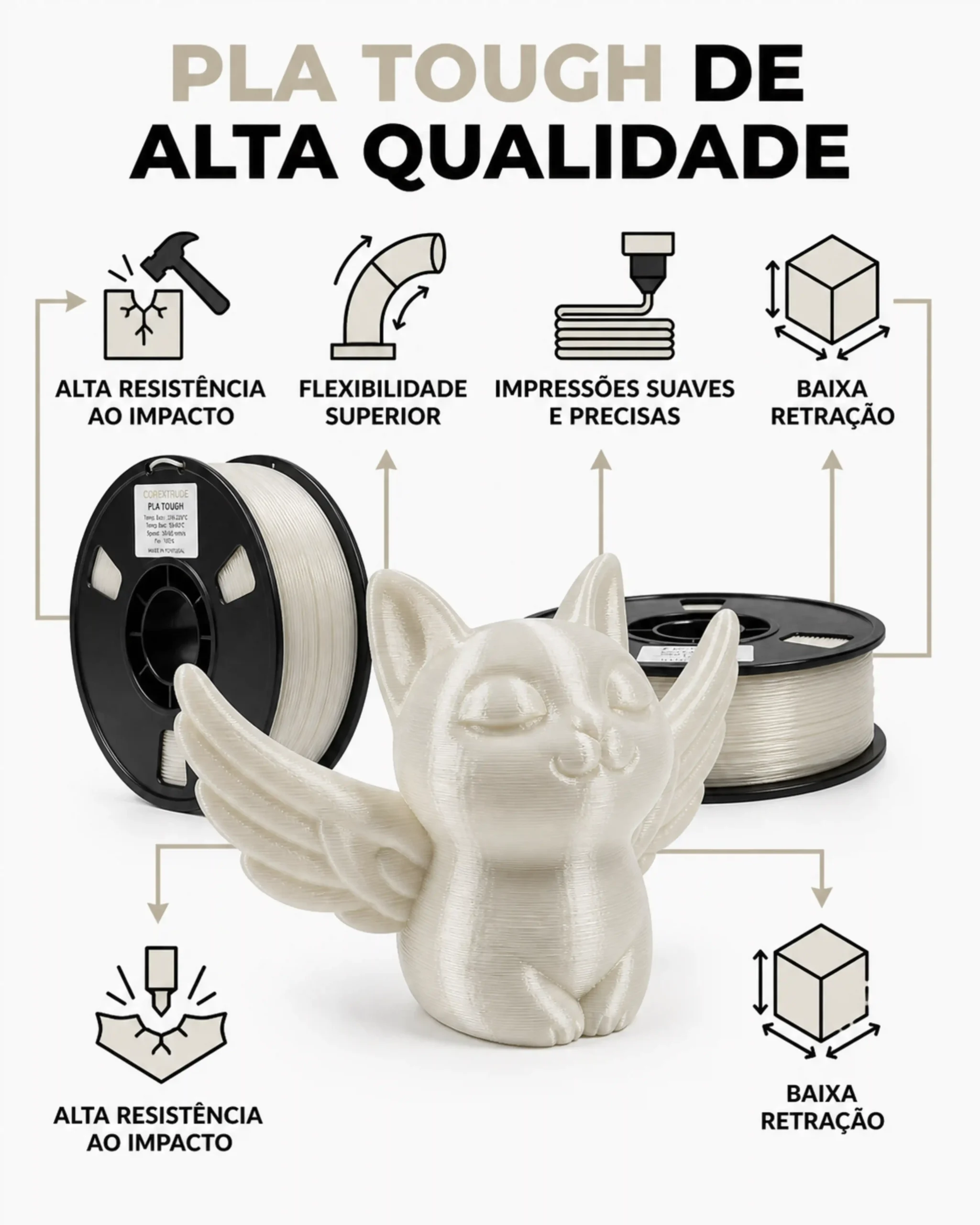PLA TOUGH Natural com boa adesão entre camadas, baixa retração e acabamento limpo