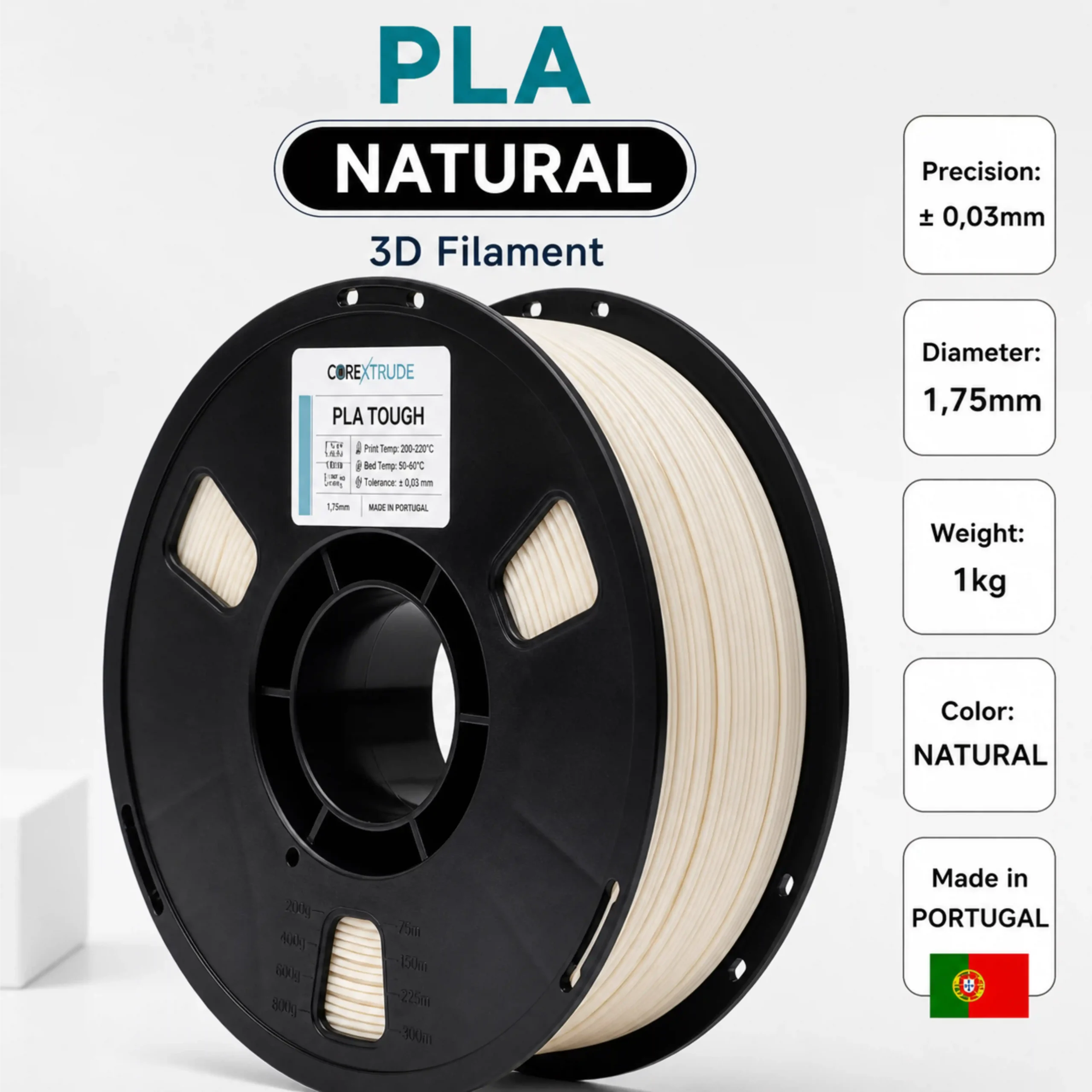 Filamento PLA TOUGH Natural 1,75 mm 1 kg produzido em Portugal