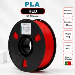 Filamento PLA TOUGH Vermelho 1,75 mm 1 kg produzido em Portugal
